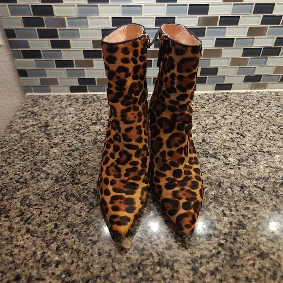 J Crew Calf Hair Fur Leopard Print Ankle Boots Sadie Pointy Toe 10 Leather - Picture 3 of 7